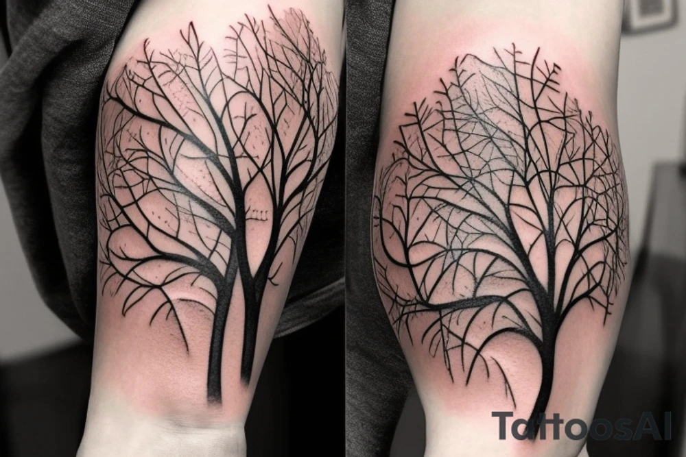 un grand arbre solitaire avec des branches étendues et feuillues, symbolisant la stabilité et l'enracinement. L'arbre est entouré de fleurs colorées, représentant la beauté et la diversité de la vie tattoo idea