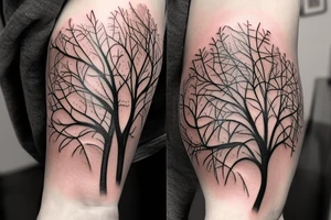 un grand arbre solitaire avec des branches étendues et feuillues, symbolisant la stabilité et l'enracinement. L'arbre est entouré de fleurs colorées, représentant la beauté et la diversité de la vie tattoo idea