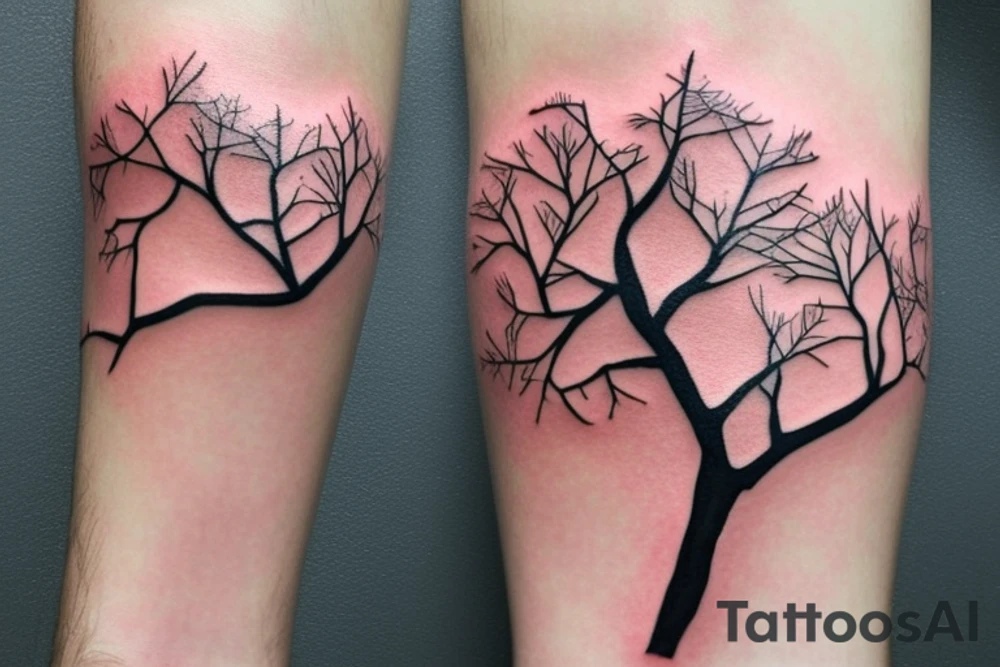 un grand arbre solitaire avec des branches étendues et feuillues, symbolisant la stabilité et l'enracinement. L'arbre est entouré de fleurs colorées, représentant la beauté et la diversité de la vie tattoo idea
