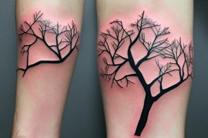 un grand arbre solitaire avec des branches étendues et feuillues, symbolisant la stabilité et l'enracinement. L'arbre est entouré de fleurs colorées, représentant la beauté et la diversité de la vie tattoo idea