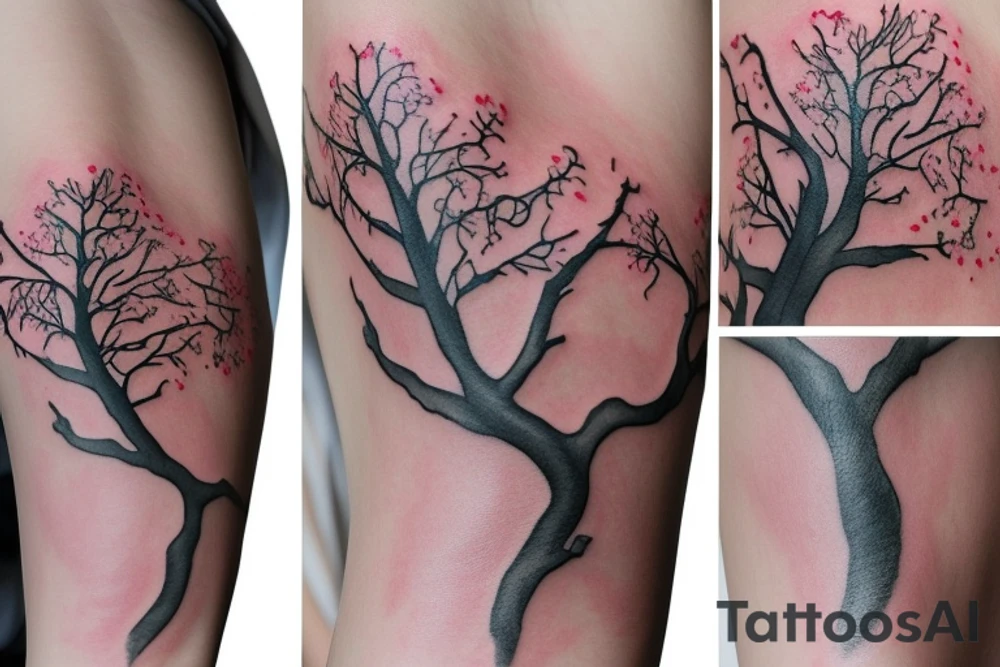 un grand arbre solitaire avec des branches étendues et feuillues, symbolisant la stabilité et l'enracinement. L'arbre est entouré de fleurs colorées, représentant la beauté et la diversité de la vie tattoo idea