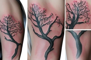 un grand arbre solitaire avec des branches étendues et feuillues, symbolisant la stabilité et l'enracinement. L'arbre est entouré de fleurs colorées, représentant la beauté et la diversité de la vie tattoo idea