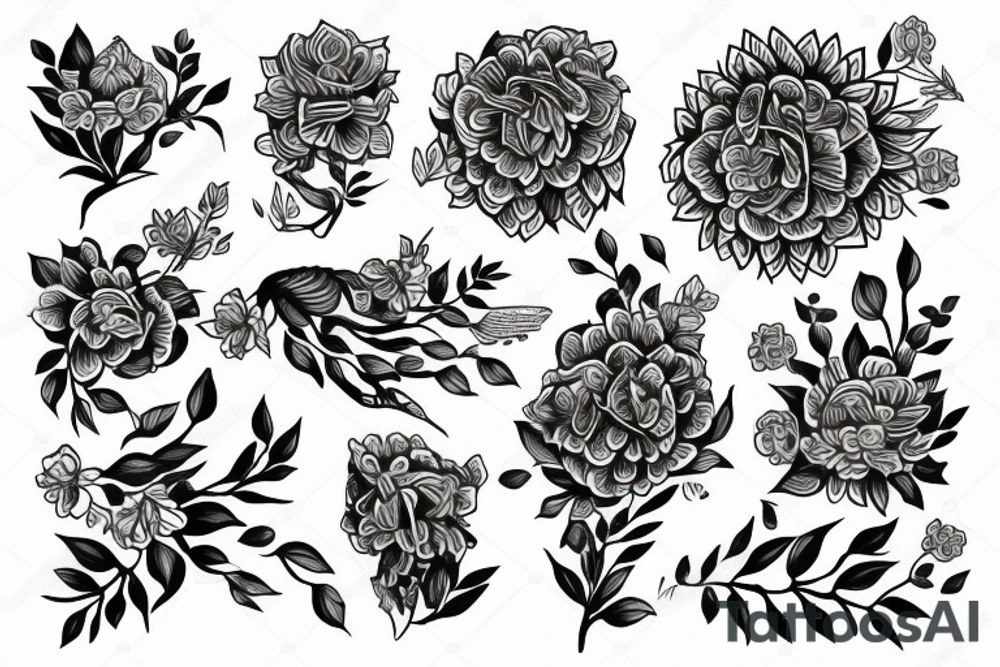arbre entouré de fleurs colorées, représentant la beauté et la diversité de la vie tattoo idea
