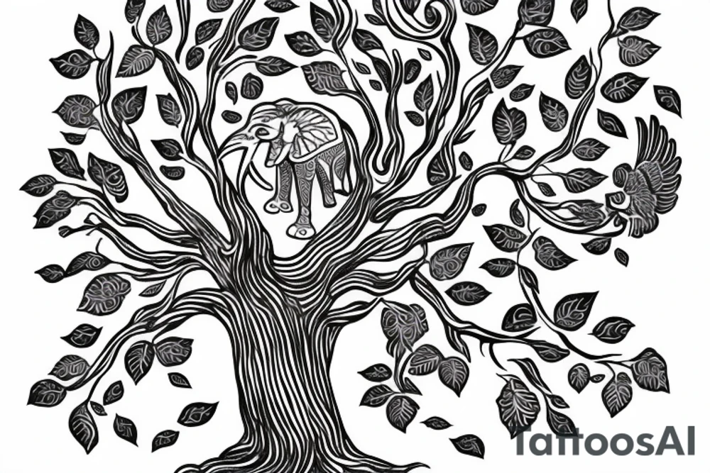 Life tree with a eagle and elephant tattoo idea