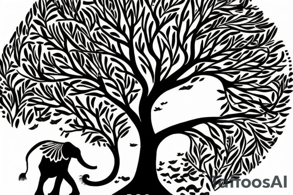 Life tree with a eagle and elephant tattoo idea
