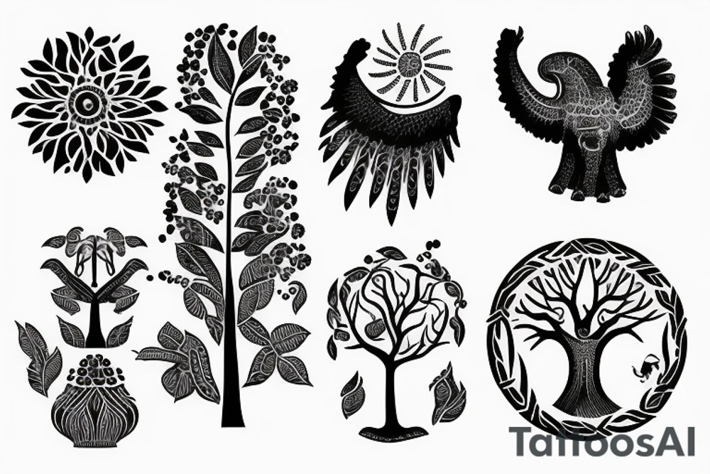 Life tree with a eagle and elephant tattoo idea