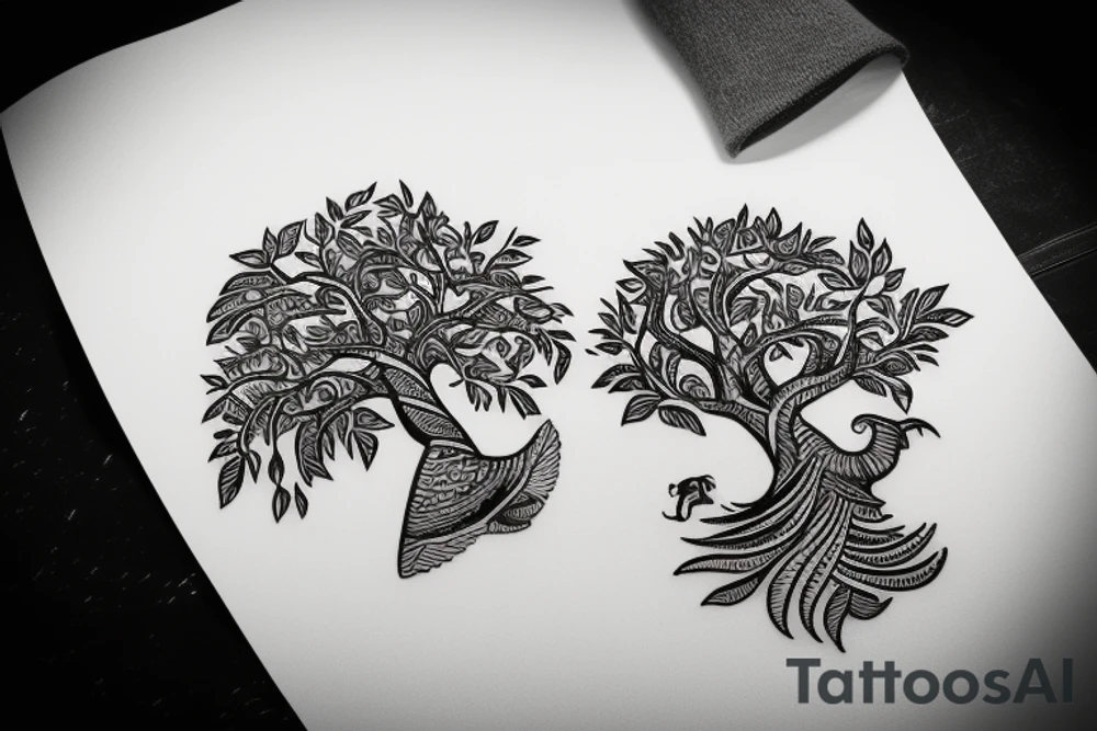 Life tree with a eagle and elephant tattoo idea