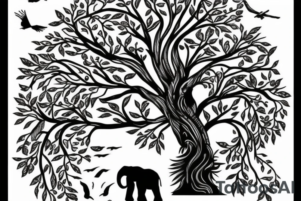 Life tree with a eagle and elephant tattoo idea