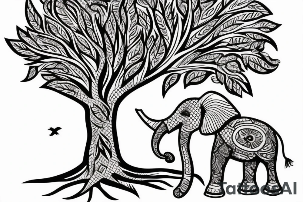Life tree with a eagle and elephant tattoo idea