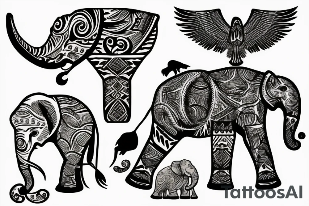 Life tree with a eagle and elephant tattoo idea