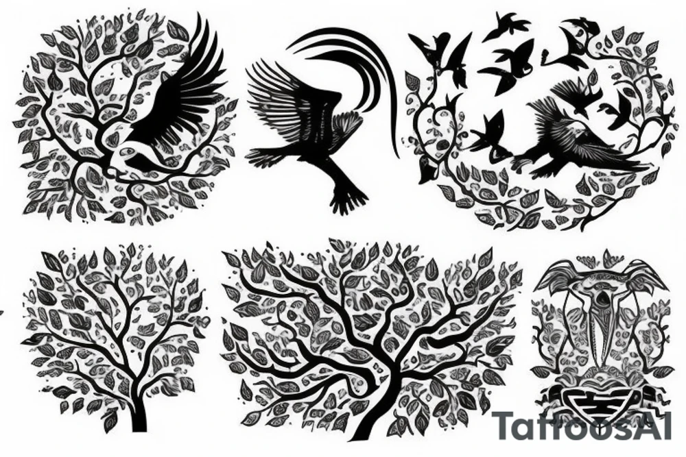 Life tree with a eagle and elephant tattoo idea