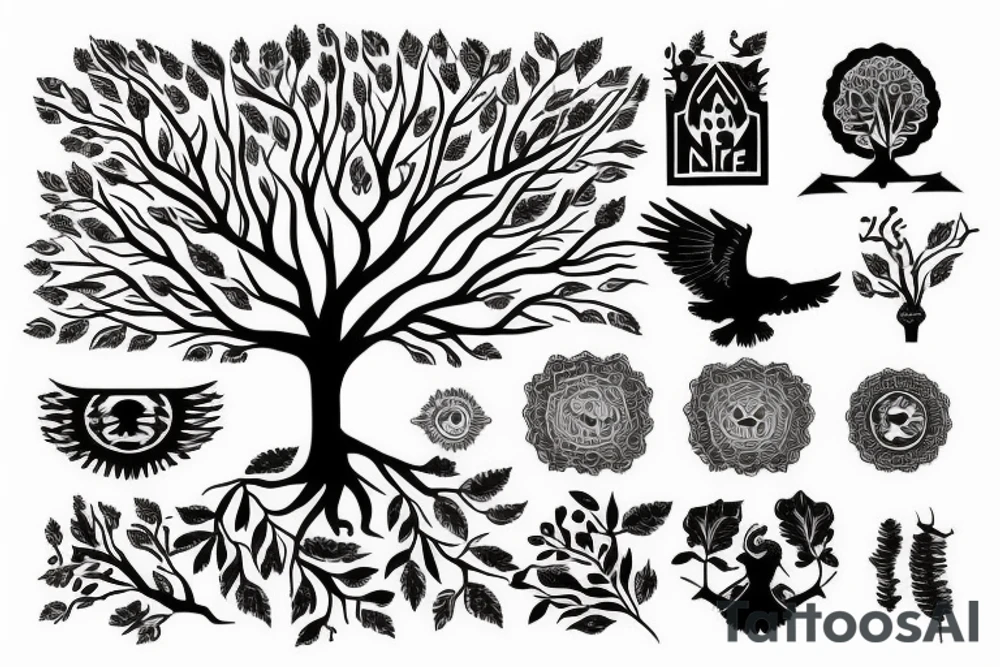Life tree with a eagle and elephant tattoo idea
