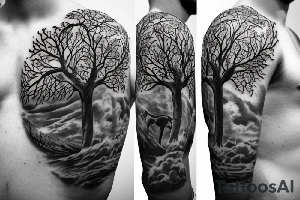 Life tree with a eagle and elephant for men tattoo idea