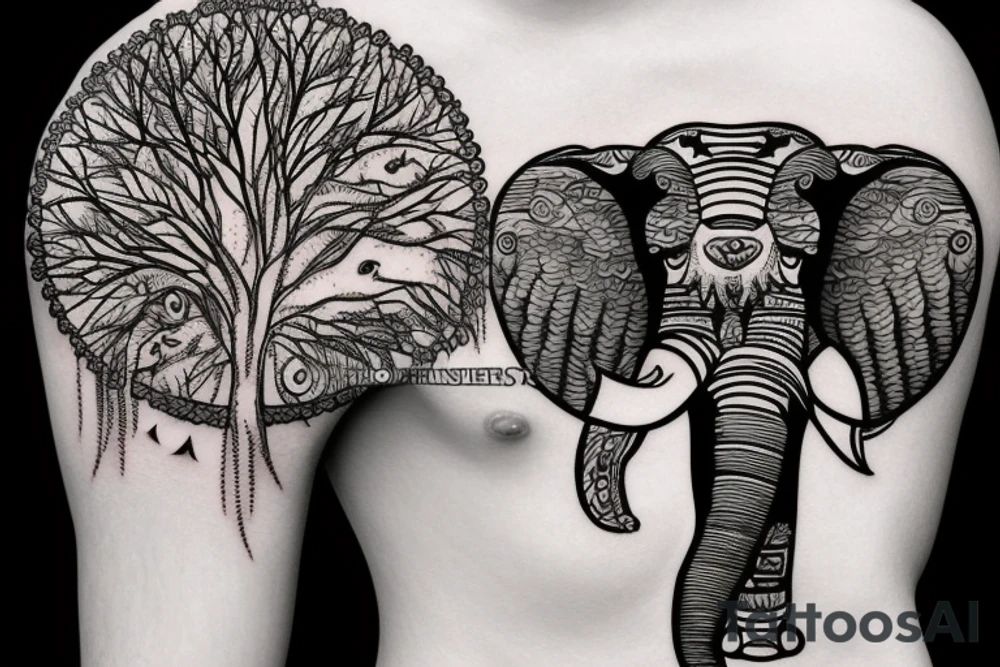 Life tree with a eagle and elephant for men tattoo idea Life tree with a eagle and elephant for men tattoo idea