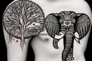 Life tree with a eagle and elephant for men tattoo idea