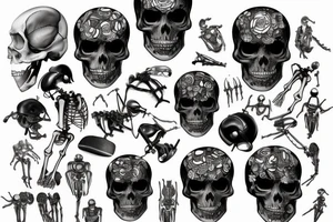 A huge injury that reveals a skeleton bio mechanical / technological skeleton under the skin tattoo idea