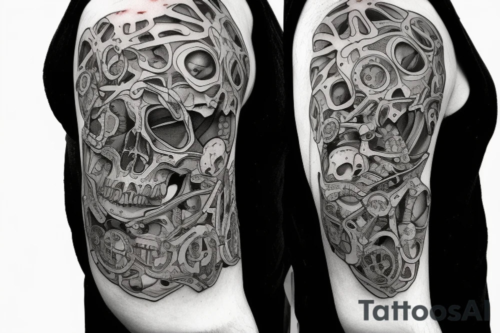 A huge injury that reveals a skeleton bio mechanical / technological skeleton under the skin tattoo idea