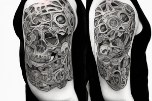 A huge injury that reveals a skeleton bio mechanical / technological skeleton under the skin tattoo idea