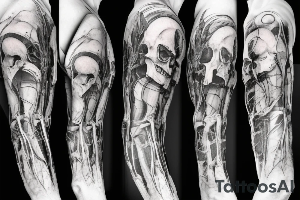 A huge injury that reveals a biomechanical /technological skeleton mixed with bones under the skin tattoo idea