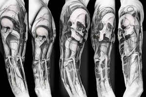 A huge injury that reveals a biomechanical /technological skeleton mixed with bones under the skin tattoo idea
