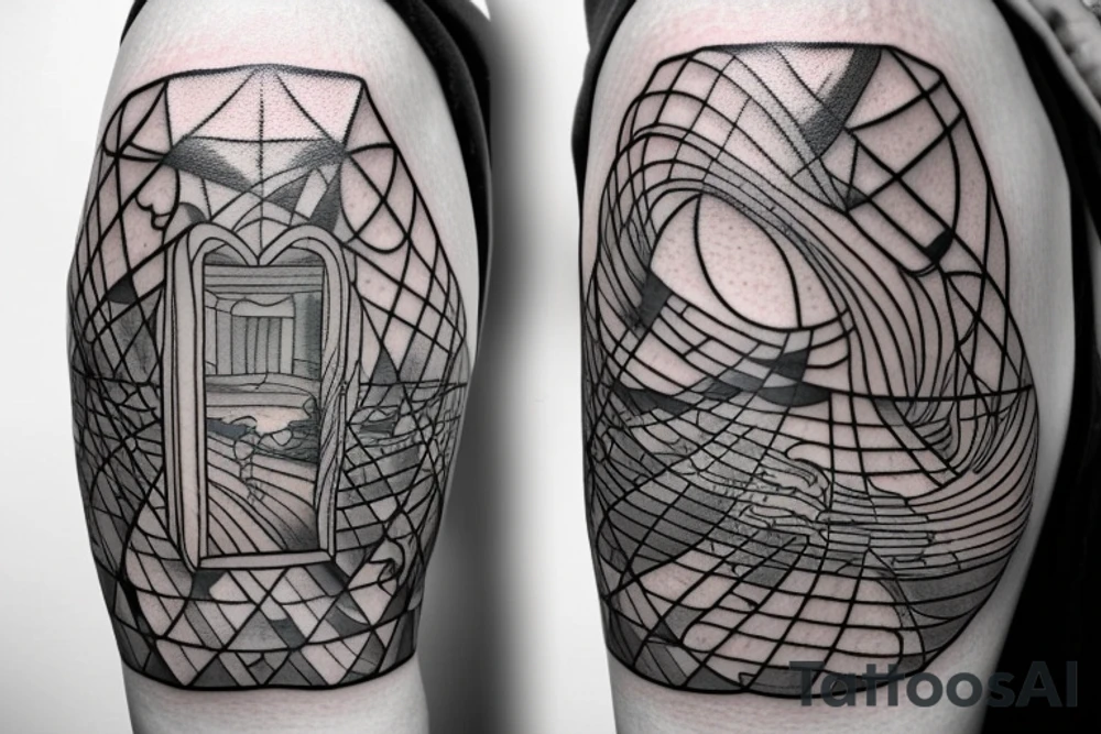 a squared tattoo with a window with two doors. behind the window there is a stormy sea tattoo idea