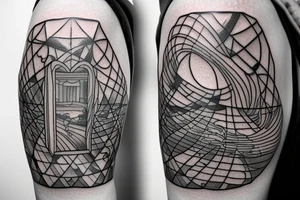 a squared tattoo with a window with two doors. behind the window there is a stormy sea tattoo idea