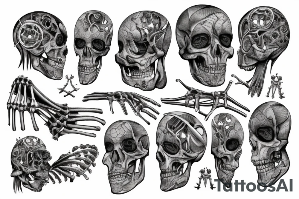 A huge injury that reveals a biomechanical /technological skeleton mixed with bones under the skin tattoo idea