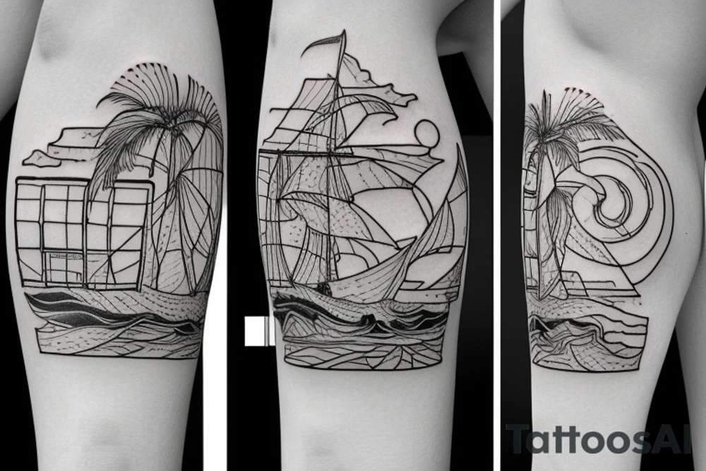 a squared tattoo with a window with two doors. behind the window there is a stormy sea tattoo idea