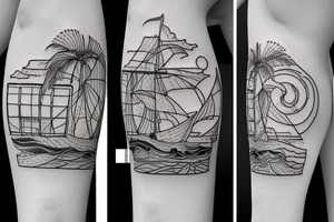 a squared tattoo with a window with two doors. behind the window there is a stormy sea tattoo idea