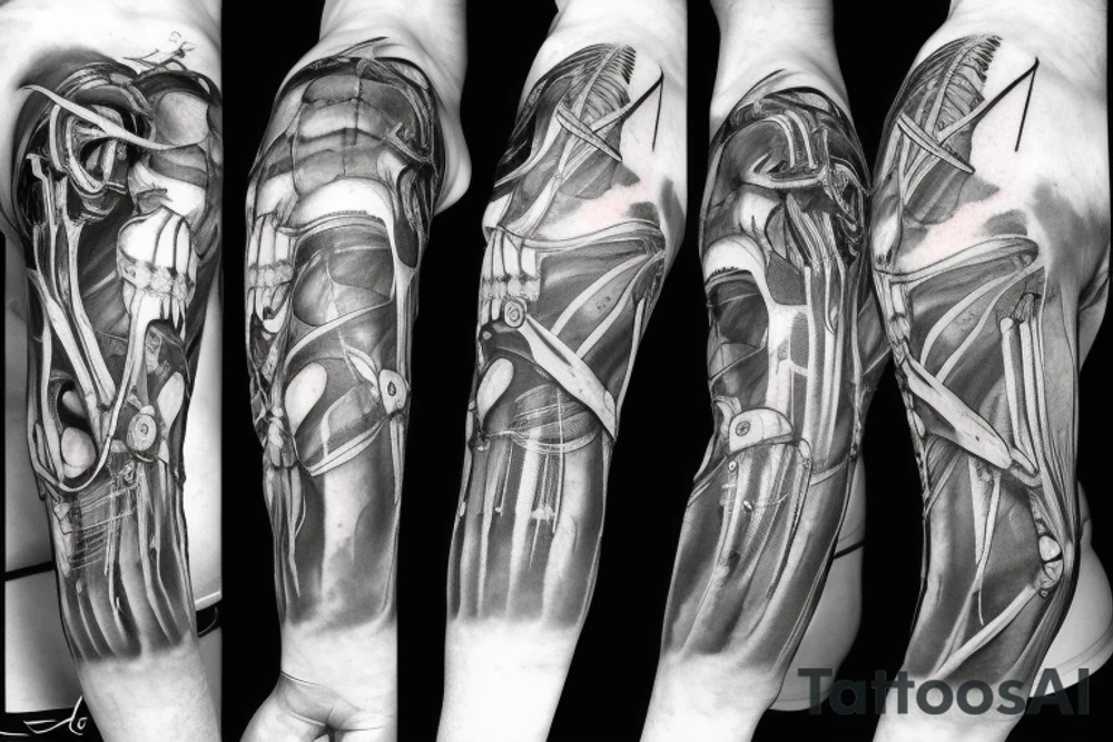 A huge injury that reveals a biomechanical /technological skeleton mixed with bones under the skin tattoo idea