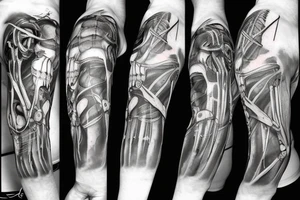 A huge injury that reveals a biomechanical /technological skeleton mixed with bones under the skin tattoo idea