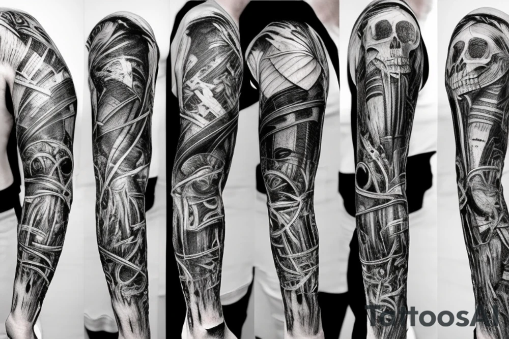 A huge injury that reveals a biomechanical /technological skeleton mixed with bones under the skin tattoo idea