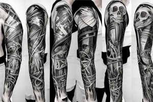 A huge injury that reveals a biomechanical /technological skeleton mixed with bones under the skin tattoo idea
