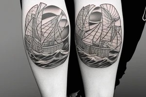 a squared tattoo with a window with two doors. inside the window there is a sea tattoo idea