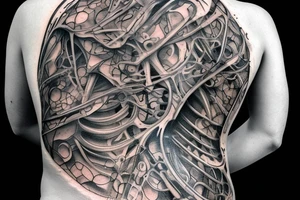 A huge injury that reveals a biomechanical /technological skeleton mixed with bones under the skin  of the right part of my back tattoo idea