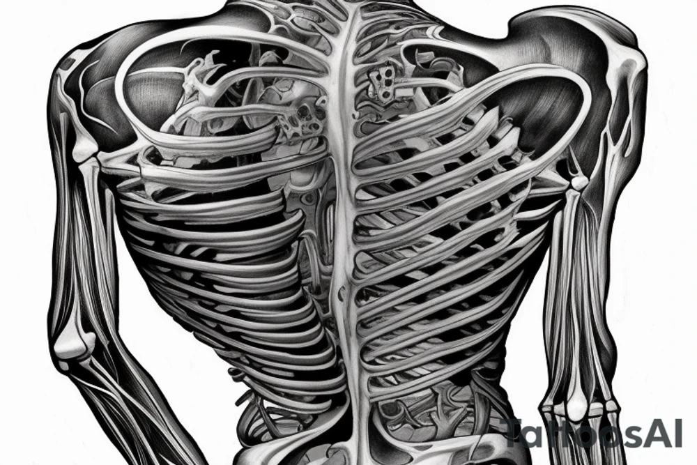 A huge injury that reveals a biomechanical /technological skeleton mixed with bones under the skin  of the right part of my back tattoo idea