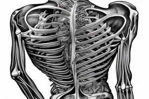 A huge injury that reveals a biomechanical /technological skeleton mixed with bones under the skin  of the right part of my back tattoo idea