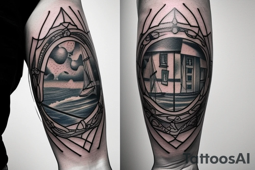 a squared tattoo with a window with two doors. inside the window there is a sea tattoo idea