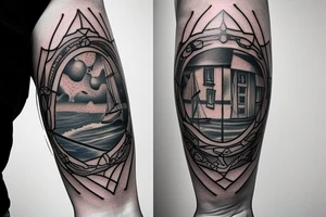 a squared tattoo with a window with two doors. inside the window there is a sea tattoo idea