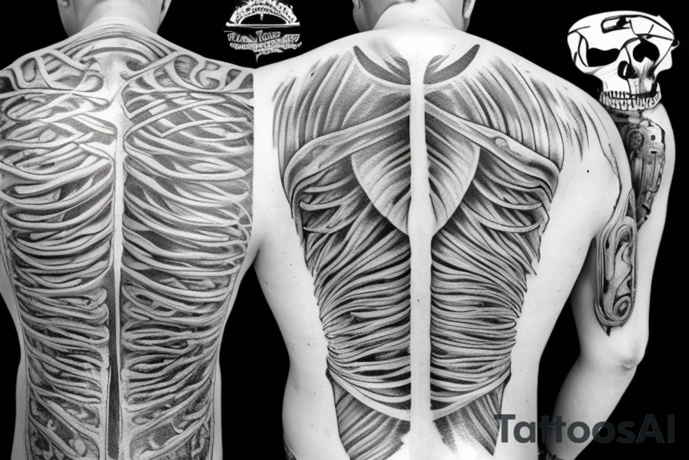 A huge injury that reveals a biomechanical /technological skeleton mixed with bones under the skin  of the right part of my back tattoo idea
