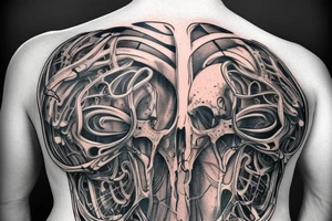 A huge injury that reveals a biomechanical /technological skeleton under the skin  of the right part of my back tattoo idea