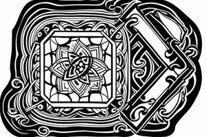 a squared tattoo with a squared classic window. inside the window there is a sea tattoo idea