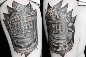 a squared tattoo with a squared classic window. inside the window there is a sea tattoo idea
