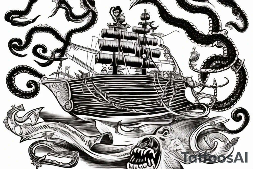 pirate ship with kraken coming up from the bottom of the ship tattoo idea