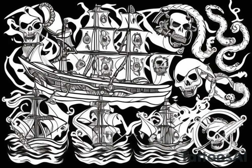 pirate ship with kraken coming up from the bottom of the ship tattoo idea