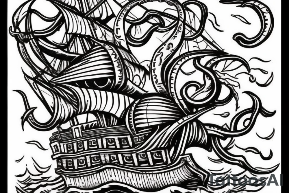 pirate ship with kraken coming up from the bottom of the ship tattoo idea