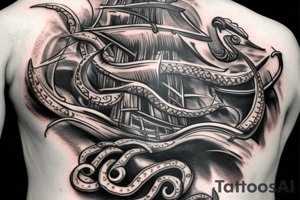 pirate ship with kraken coming up from the bottom of the ship tattoo idea