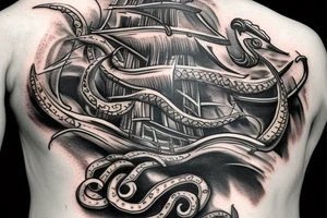 pirate ship with kraken coming up from the bottom of the ship tattoo idea
