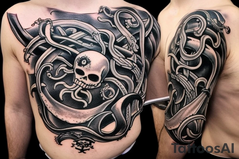 pirate ship with kraken coming up from the bottom of the ship tattoo idea