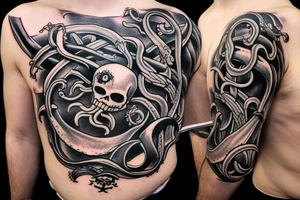 pirate ship with kraken coming up from the bottom of the ship tattoo idea